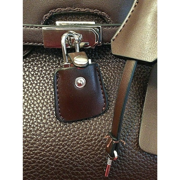 NWT Chocolate Vegan Leather Covered Lock & Key Medium Top Handle Satchel Handbag - Picture 4 of 11